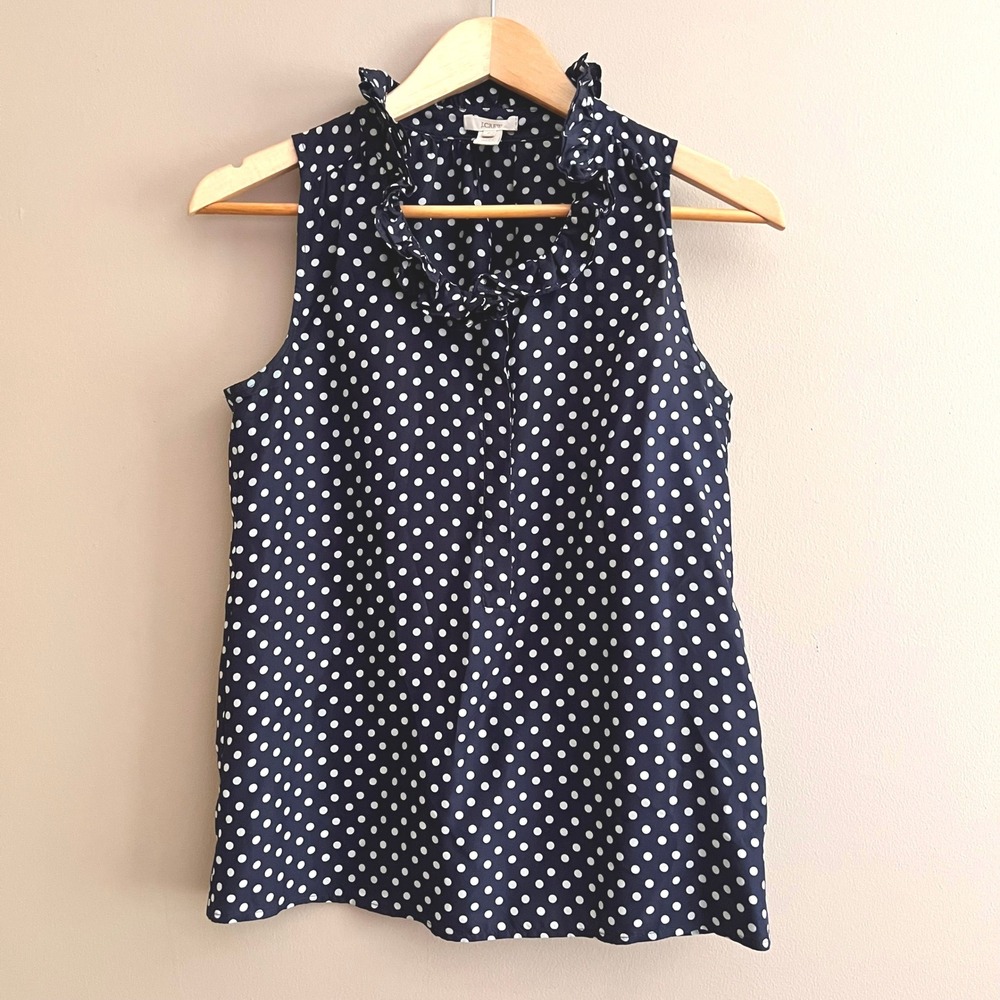 J.Crew‎ Navy Blue White Polka Dot Ruffle Neck Sleeveless Blouse Office Womens 0